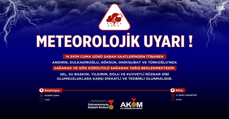 Kahramanmaraş’ta AKOM’dan Sarı Kodlu Sağanak Alarmı: 3 İlçe ve Merkez İçin Saat Verildi!