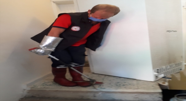 Mersin’de evin mutfağına giren yılanı itfaiye ekipleri çıkardı