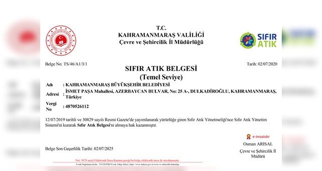 Kahramanmaraş Büyükşehir'e Sıfır Atık Belgesi