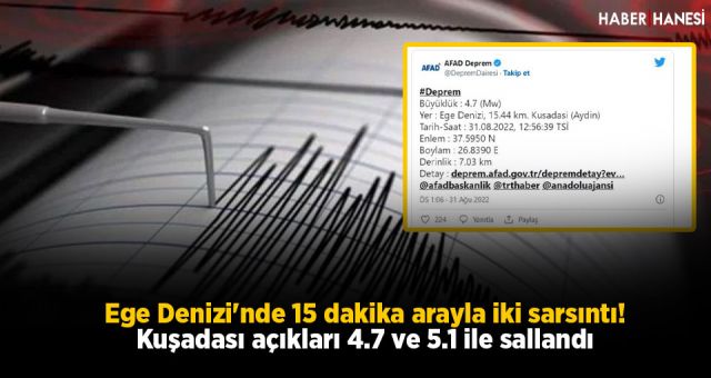 Ege Denizi'nde 15 dakika arayla iki sarsıntı! Kuşadası açıkları 4.7 ve 5.1 ile sallandı