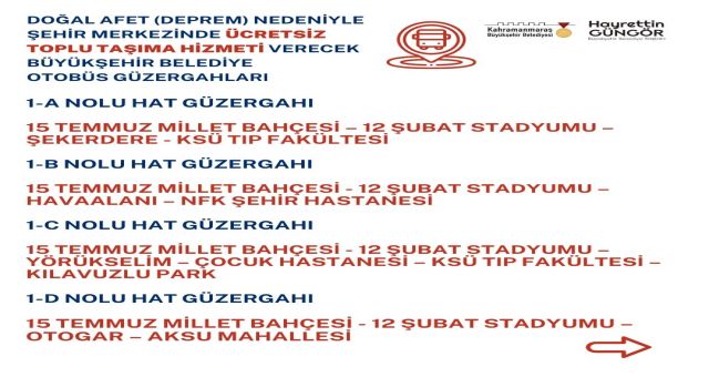 Kahramanmaraş Şehir Merkezinde Ücretsiz Toplu Taşıma Hizmeti