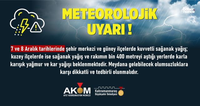 Kahramanmaraş’a 7-8 Aralık Uyarısı: Güneyde Sağanak, Kuzeyde Kar Bekleniyor