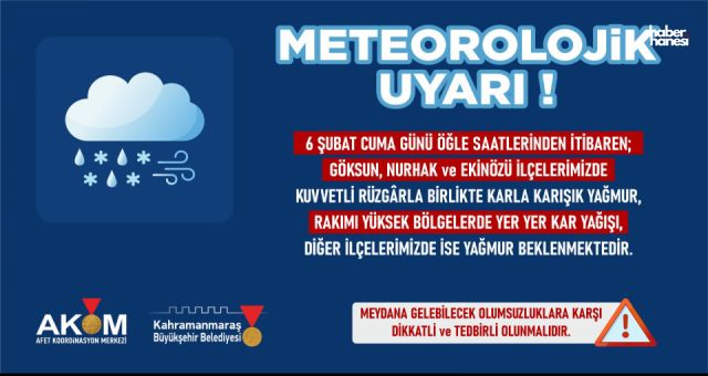Kahramanmaraş'ta 6 Şubat'ta Sağanak Yağış Gün Boyu Sürecek