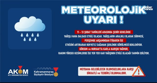 Kahramanmaraş'ta Yağışlı Hava Etkisini Sürdürecek!