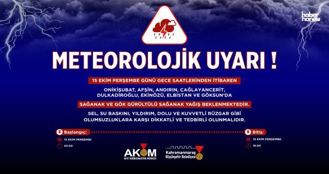 Kahramanmaraş Büyükşehir’den 8 İlçede Kuvvetli Sağanak Uyarısı!